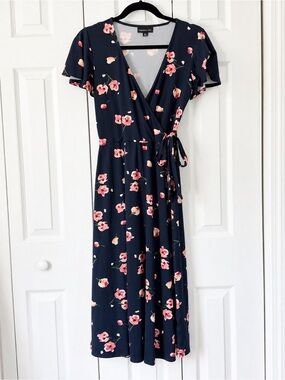 Fortune + Ivy Irene Floral Faux Wrap Midi Dress Navy Pink Size M